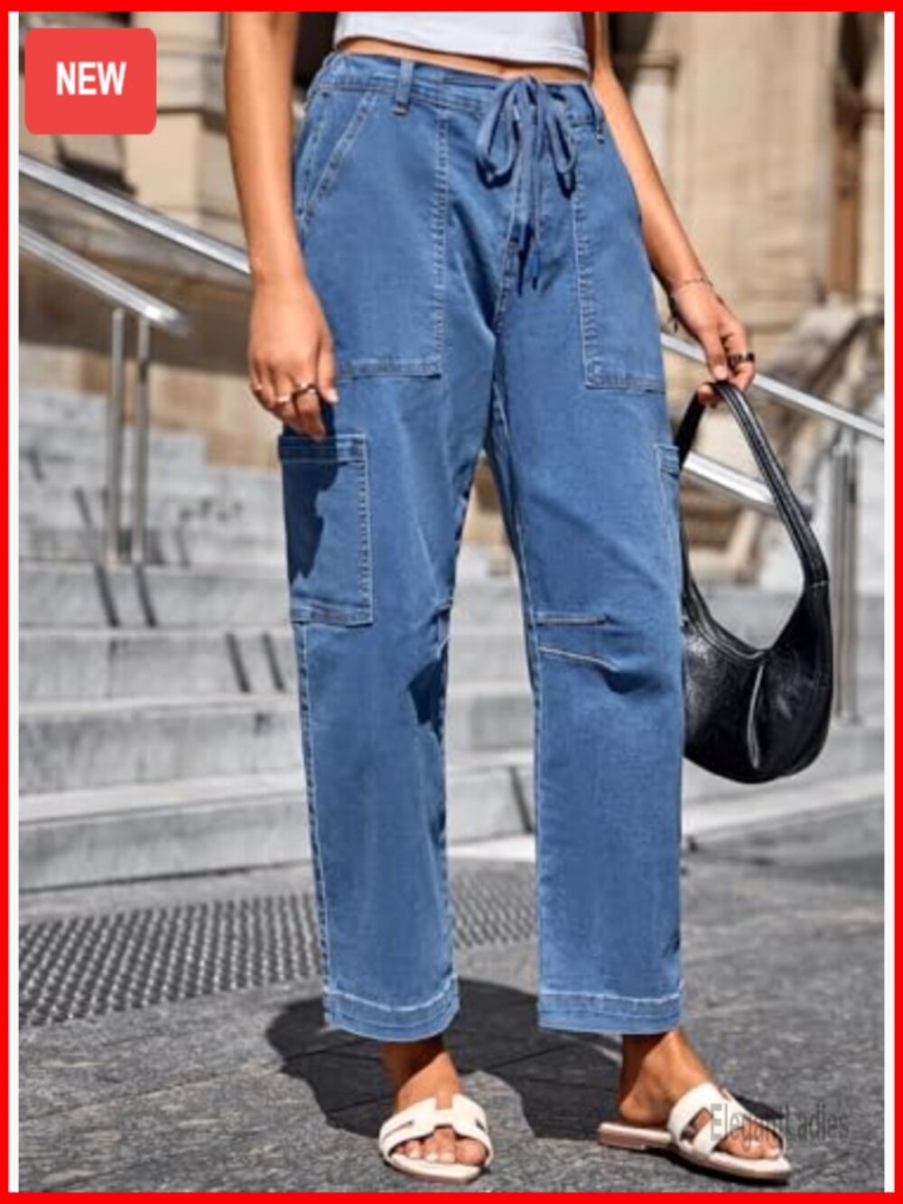 High Waisted Straight Wide Leg Cargo Jeans Loose Fit Cotton Denim Pants - Picture 4 of 7